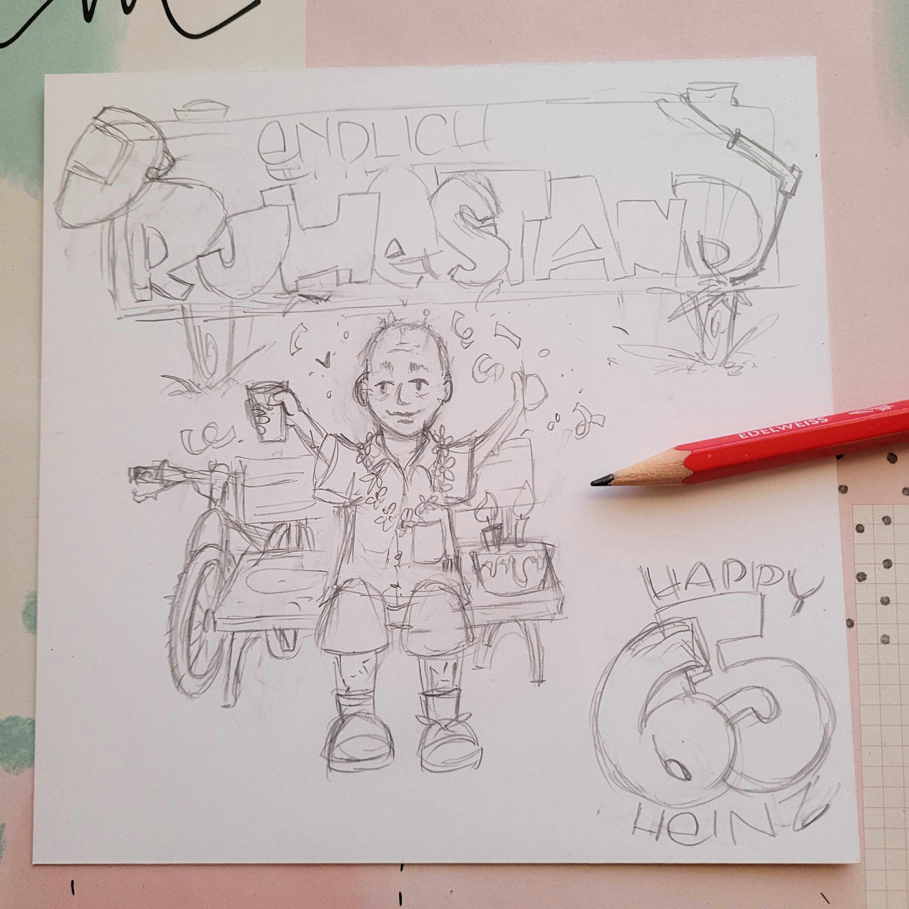Bleistiftskizze handgezeichnete Karte und Stift– zeigt Liebe zum Detail und handgemachte Grüße von Creative by Me.